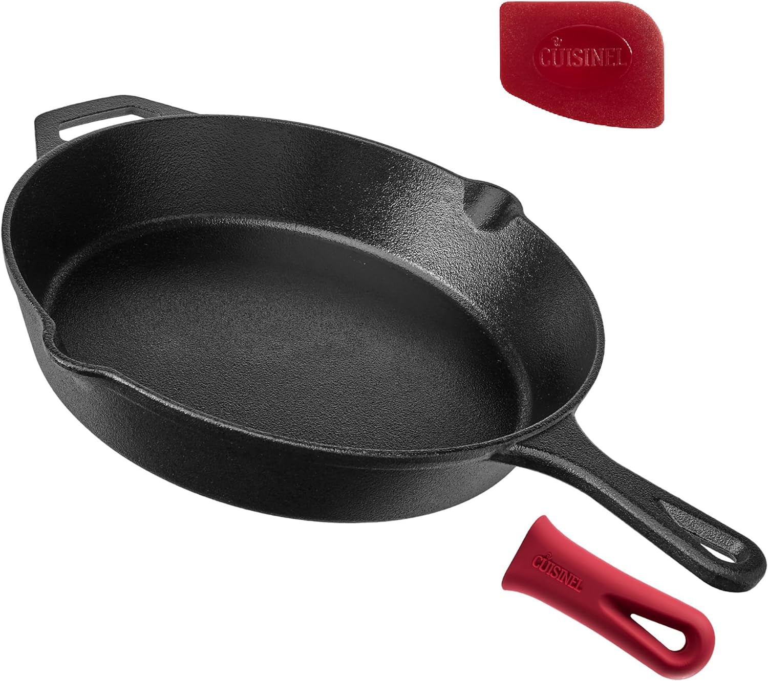 Cast Iron Skillet - 12"-Inch Frying Pan with Assist Handle + Red Silicone Grip Cover - Pre-Seasoned Oven Safe Cookware - Indoor/Outdoor Use - Grill, Stovetop, Induction, BBQ and Firepit Safe