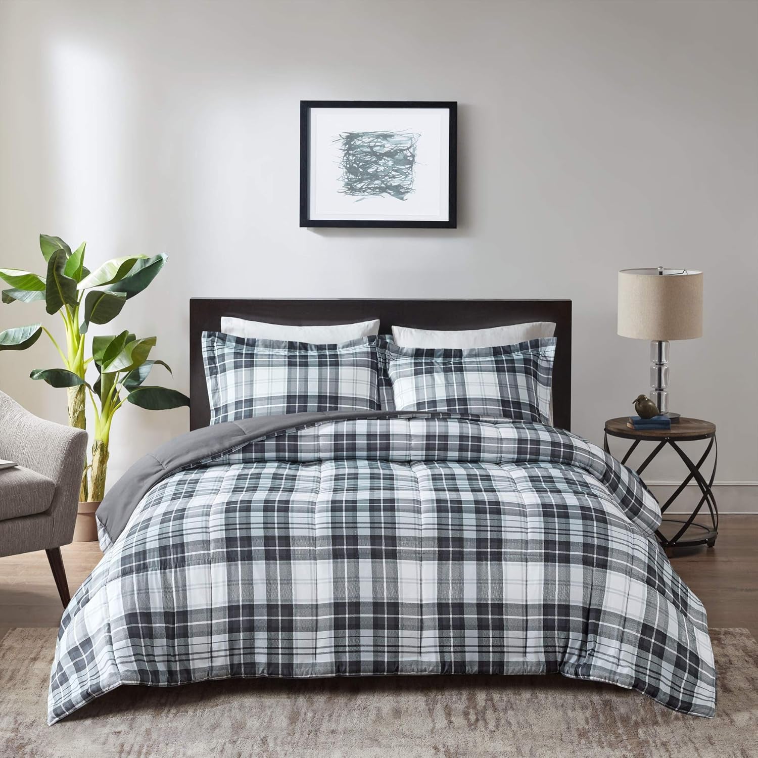 Essentials Parkston Plaid Comforter, Matching Sham, 3M Scotchguard Stain Release Cover, Hypoallergenic All Season Bedding-Set, Full/Queen, Black, 3 Piece