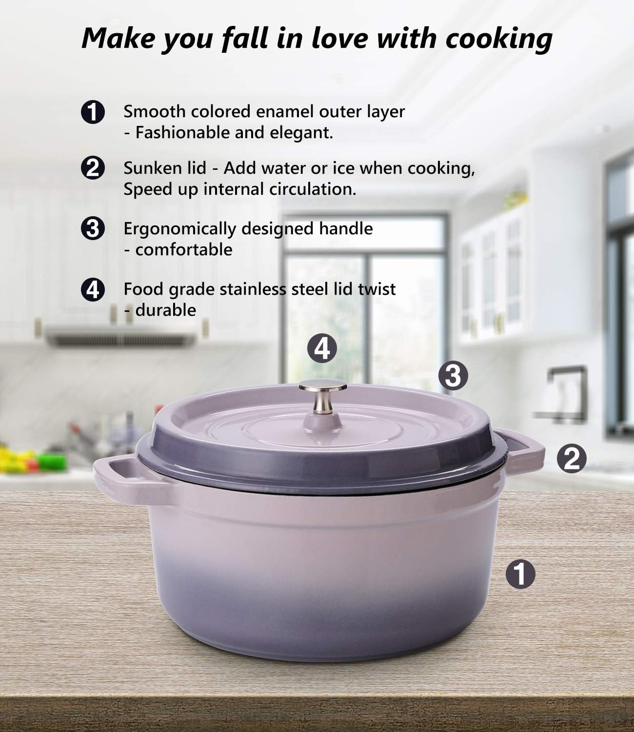 6 Quart White Enameled Cast Iron Dutch Oven with Lid Bread Baking Pot Use on Gas Electric Oven for 6-8 People(Purple)