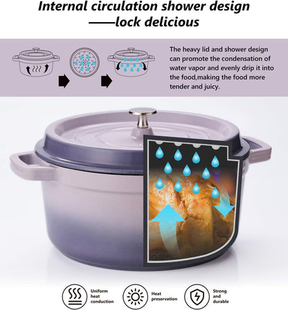 6 Quart White Enameled Cast Iron Dutch Oven with Lid Bread Baking Pot Use on Gas Electric Oven for 6-8 People(Purple)