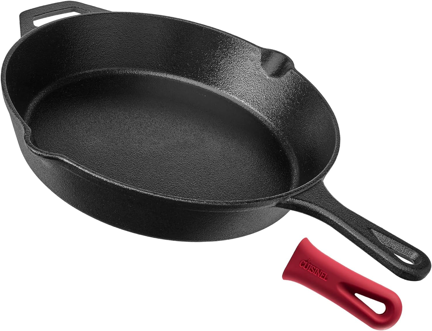 Cast Iron Skillet - 12"-Inch Frying Pan with Assist Handle + Red Silicone Grip Cover - Pre-Seasoned Oven Safe Cookware - Indoor/Outdoor Use - Grill, Stovetop, Induction, BBQ and Firepit Safe