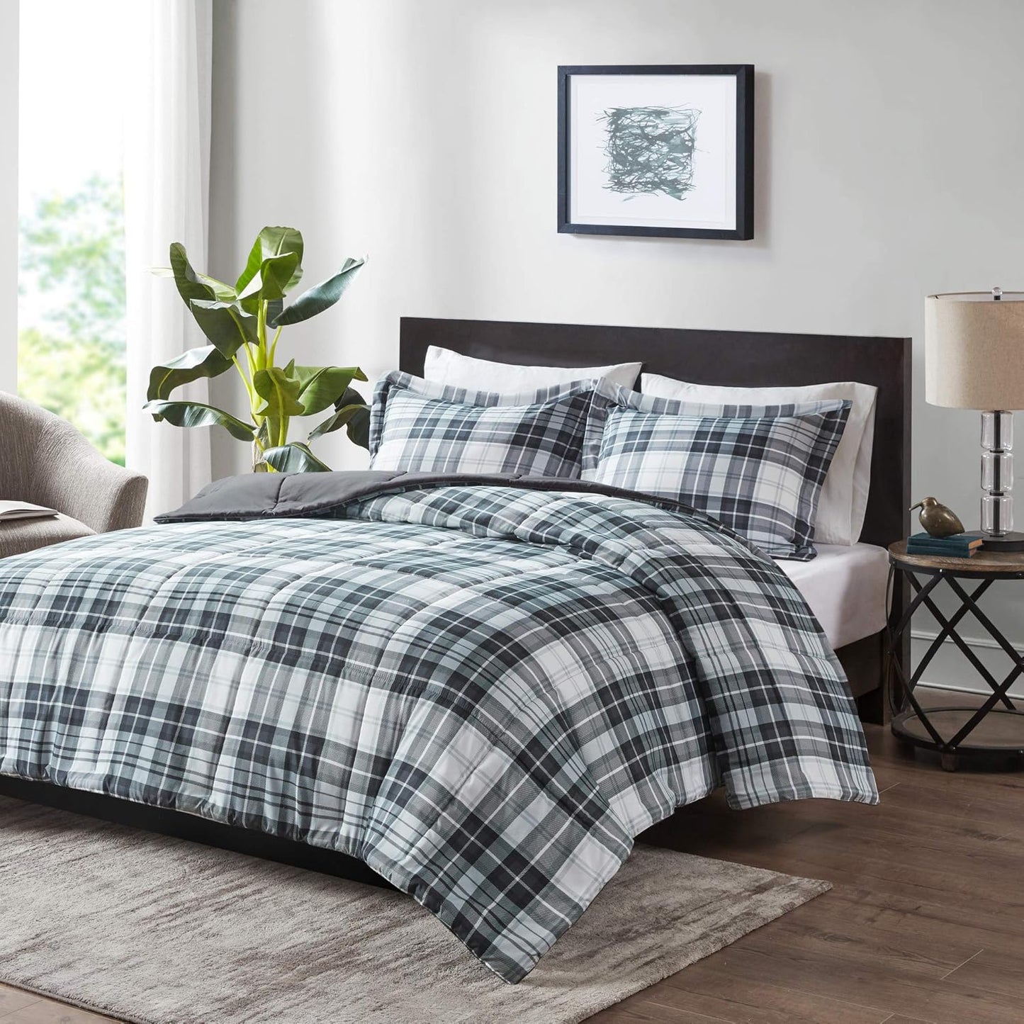 Essentials Parkston Plaid Comforter, Matching Sham, 3M Scotchguard Stain Release Cover, Hypoallergenic All Season Bedding-Set, Full/Queen, Black, 3 Piece