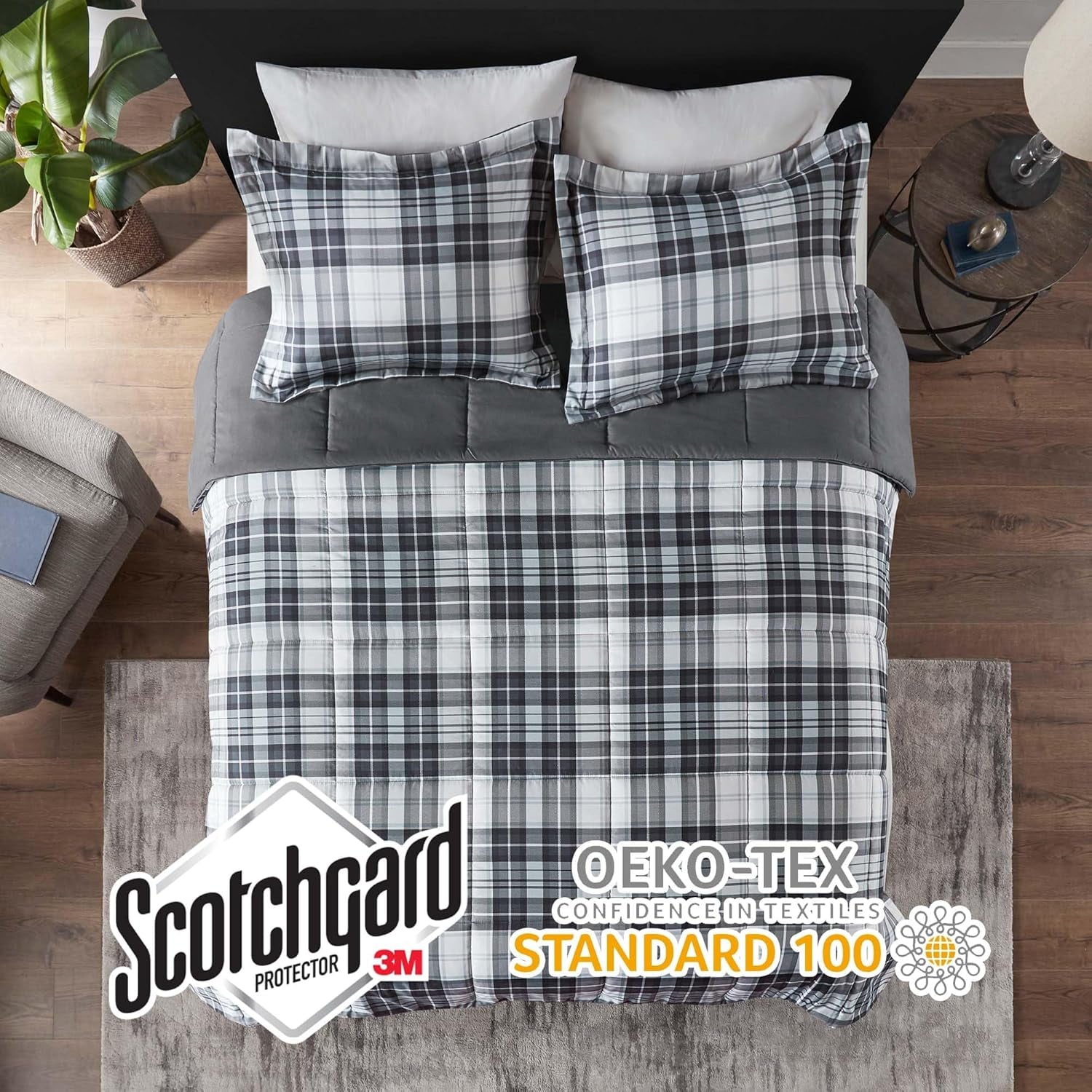 Essentials Parkston Plaid Comforter, Matching Sham, 3M Scotchguard Stain Release Cover, Hypoallergenic All Season Bedding-Set, Full/Queen, Black, 3 Piece