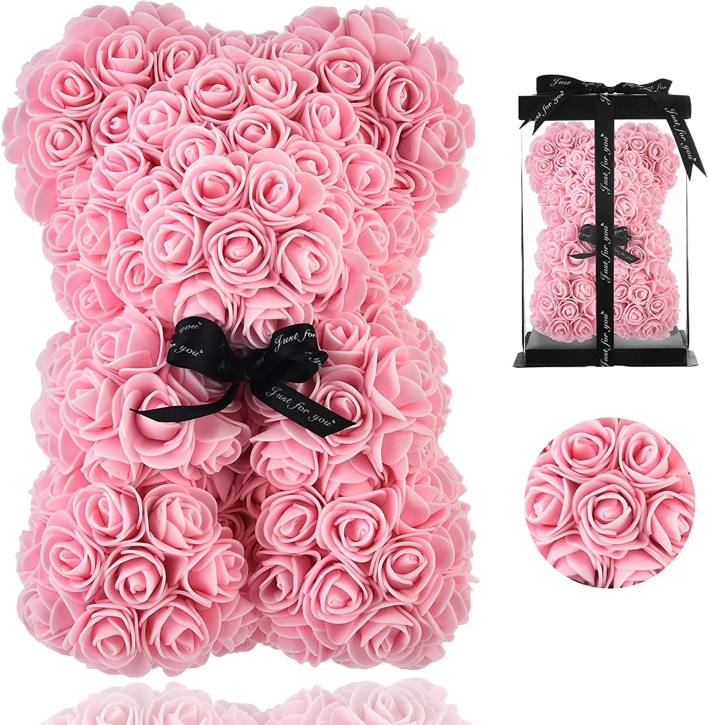 Rose Bear - Rose Teddy Bear on Every Rose Bear -Flower Bear Perfect for Anniversary'S - Clear Gift Box Included! 10 Inche (Light Pink)