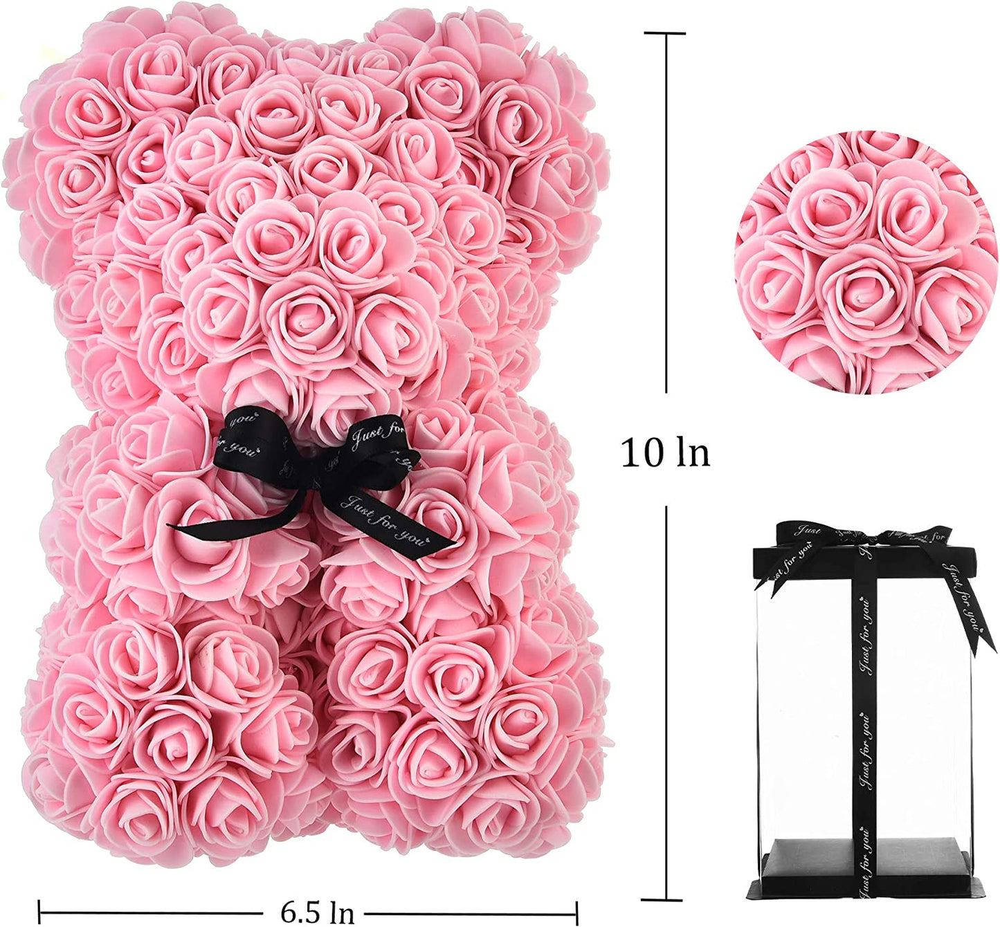 Rose Bear - Rose Teddy Bear on Every Rose Bear -Flower Bear Perfect for Anniversary'S - Clear Gift Box Included! 10 Inche (Light Pink)