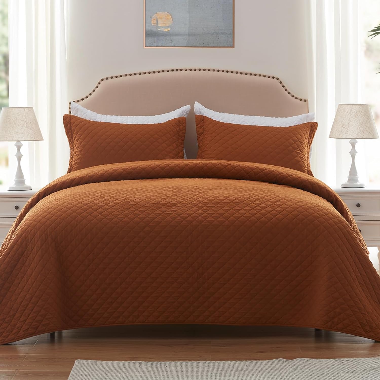 Quilt Set King Brunt Orange Lightweight Bedspread Soft Reversible Coverlet for All Season 3Pcs Rust Diamond Quilted Bedding Sets (1 Quilt 2 Pillow Shams)(106"X96")