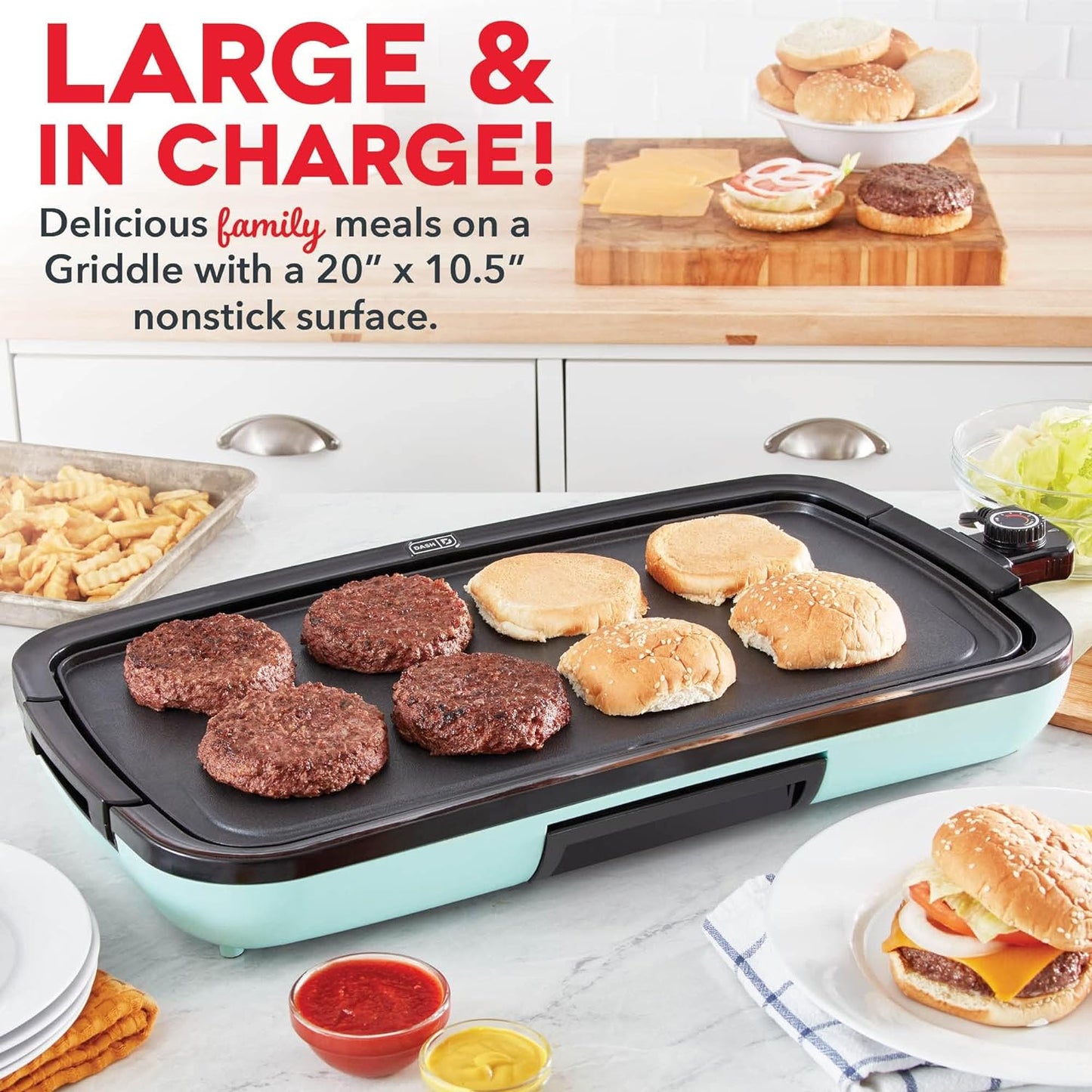 Deluxe Everyday Electric Griddle with Dishwasher Safe Removable Nonstick Cooking Plate for Pancakes, Burgers, Eggs and More, Includes Drip Tray + Recipe Book, 20” X 10.5”, 1500-Watt - Aqua