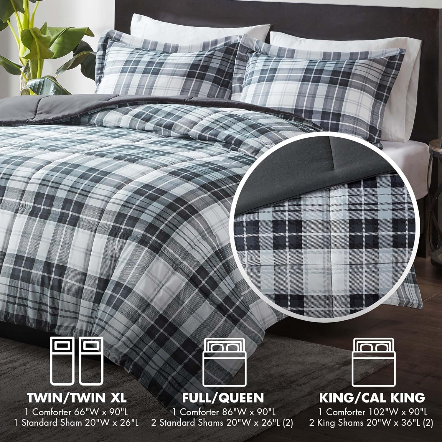 Essentials Parkston Plaid Comforter, Matching Sham, 3M Scotchguard Stain Release Cover, Hypoallergenic All Season Bedding-Set, Full/Queen, Black, 3 Piece